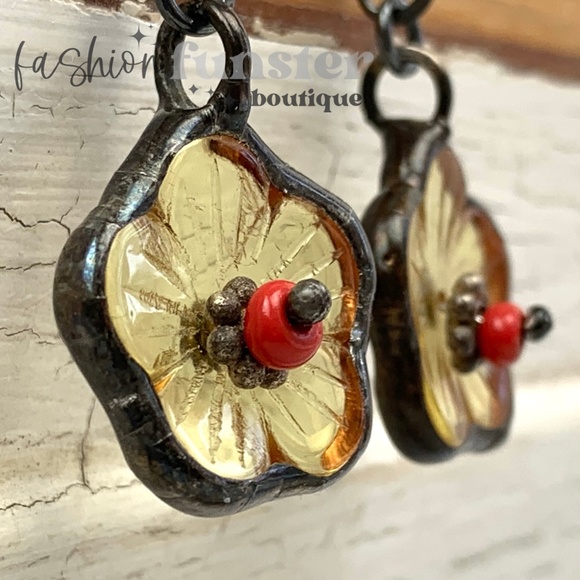 Handmade Soldered Antique Yellow Buttercup Flower Art Charm Dangle Drop Earrings - Picture 7 of 14